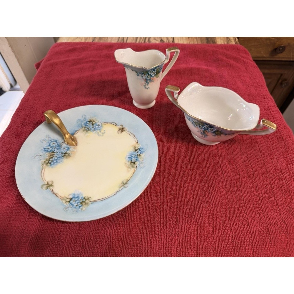 Antique Bavarian Porcelain Lemon Plate Creamer Sugar Set Forget-Me-Nots